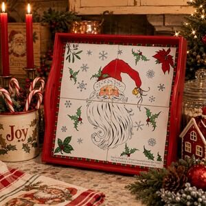 Vintage JCPenney Santa Tile Tray Christmas Decor Red Wood Holiday Display